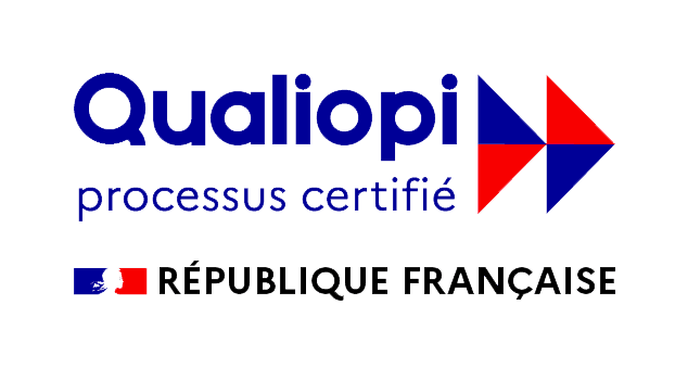 Qualiopi processus certifié logo with blue text and red and blue arrow graphic.